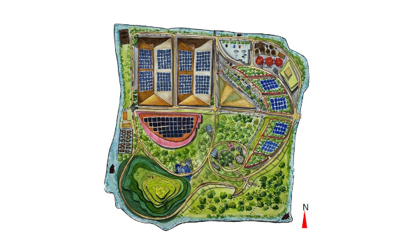 Aerial illustration of a green sustainable community including solar panels, farms, and recreation areas.